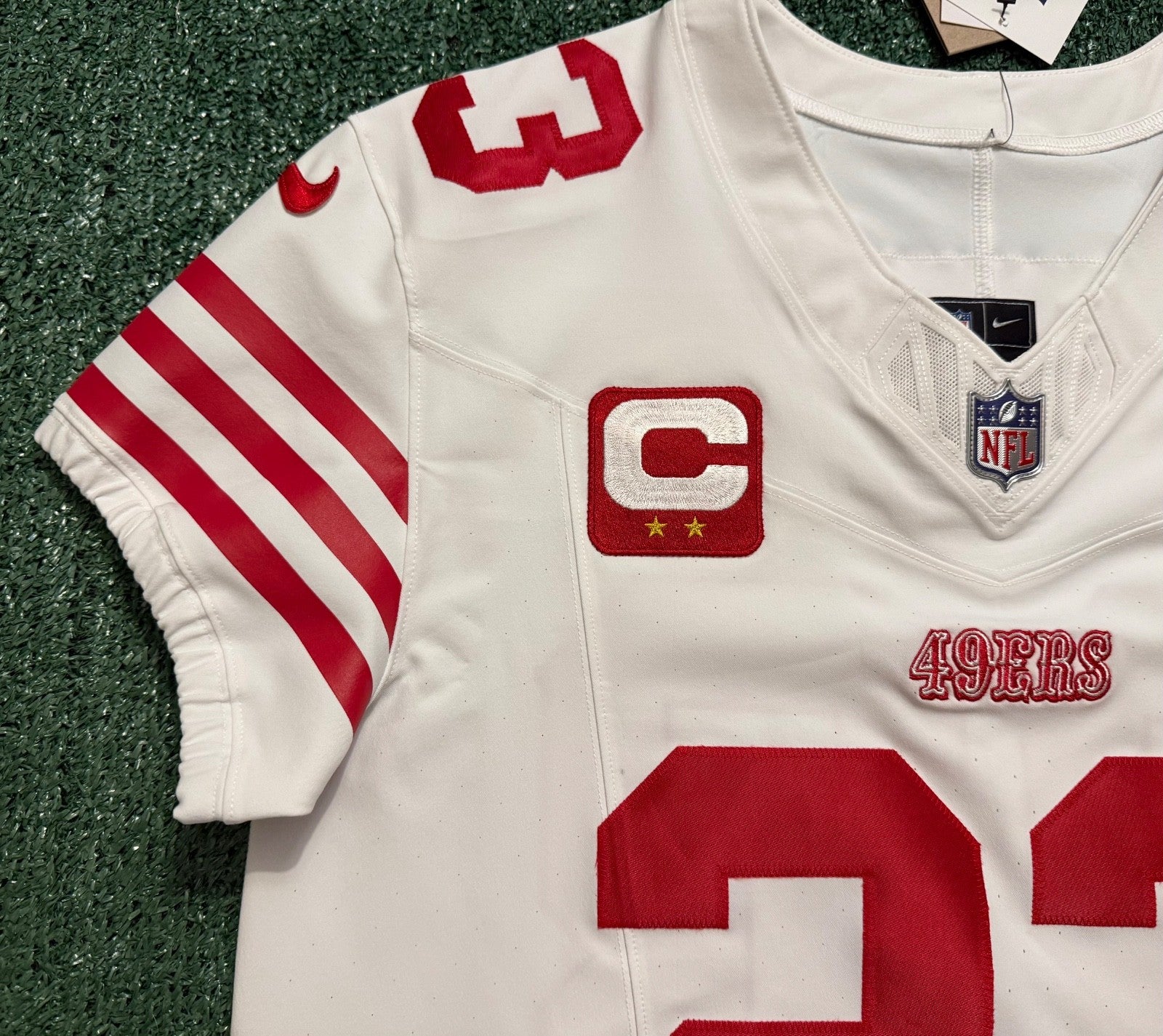 Christian McCaffrey San Francisco 49ers Jersey #23 Nike Vapor FUSE Elite White Size 44 (Large) NFL