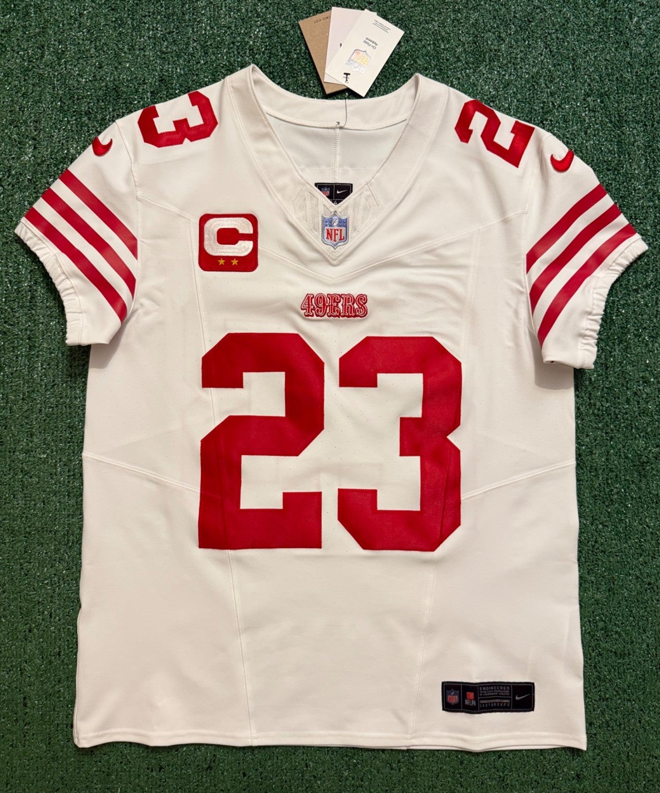 Christian McCaffrey San Francisco 49ers Jersey #23 Nike Vapor FUSE Elite White Size 44 (Large) NFL